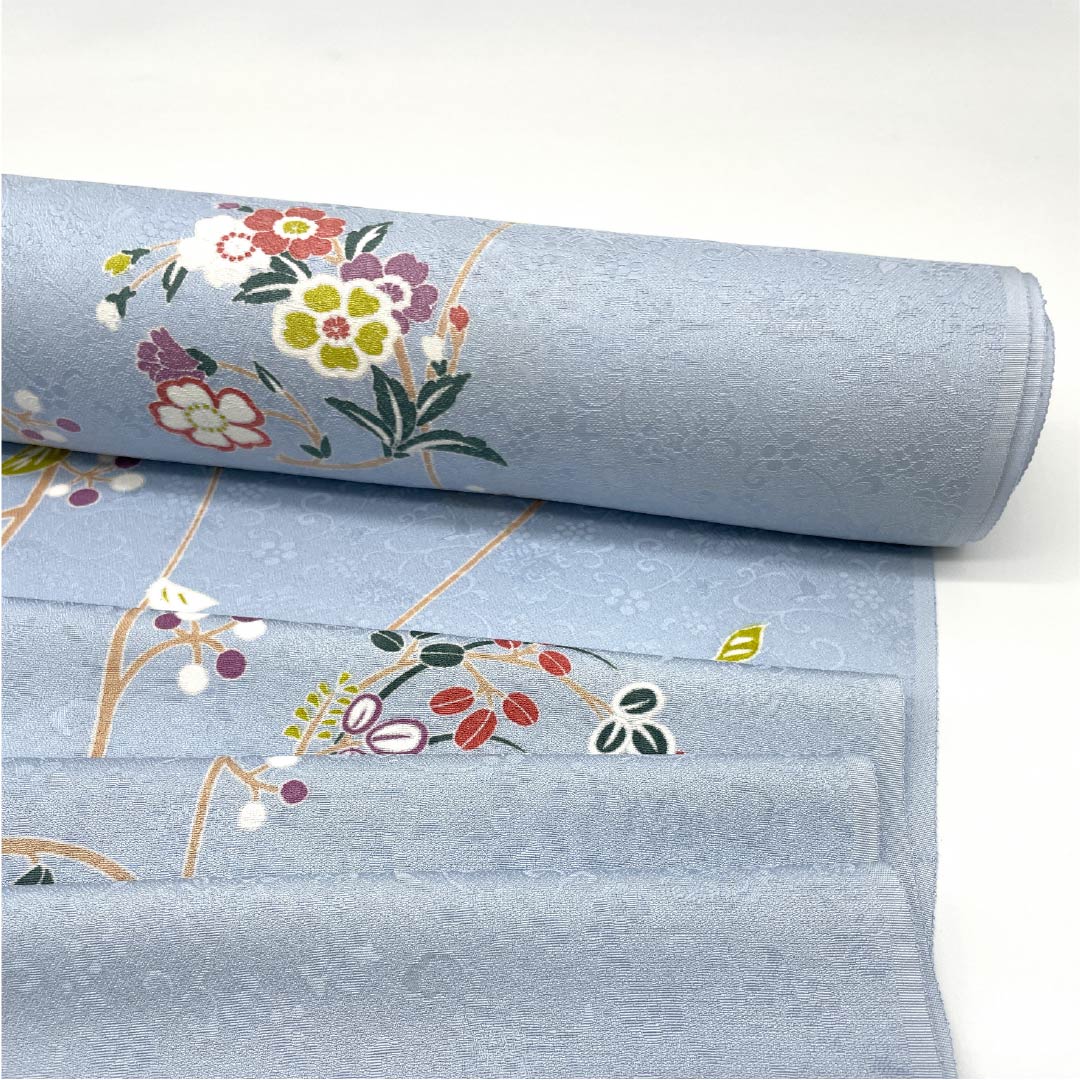 反物 小紋 正絹 蒼白色(そうはくしょく) 京友禅 花柄 尺五幅 NEWランク 水色系 1130001051924