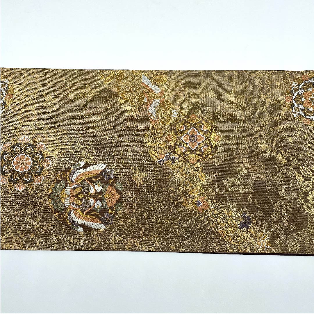 袋帯 金色 宝相華 花唐草 鳳凰 帯丈428cm 正絹 Aランク 六通 フォーマル ベージュ系 1123007593325