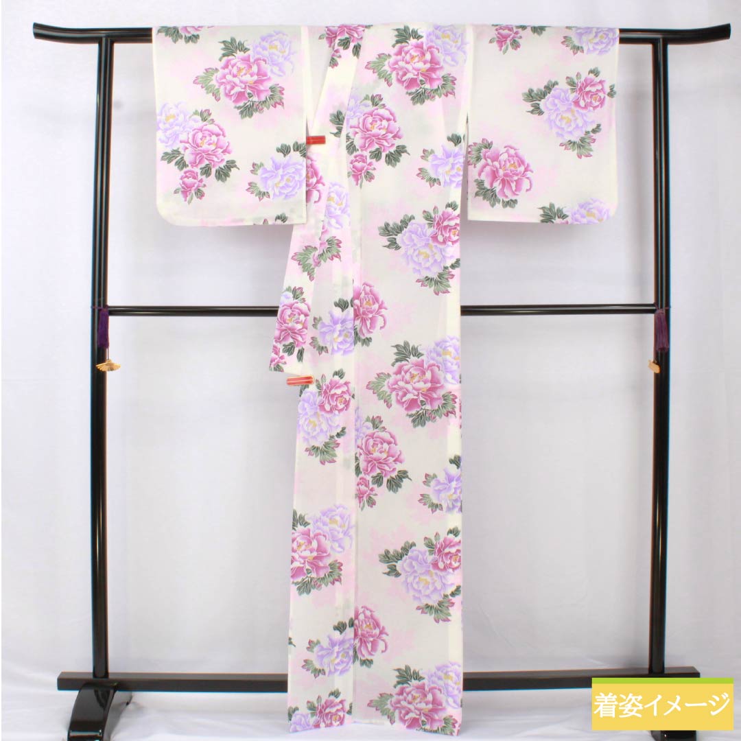 Yukata Polyester Length 166cm Sleeve length 69cm S rank Single layer White Peony Kimono Doraku 1118005352511