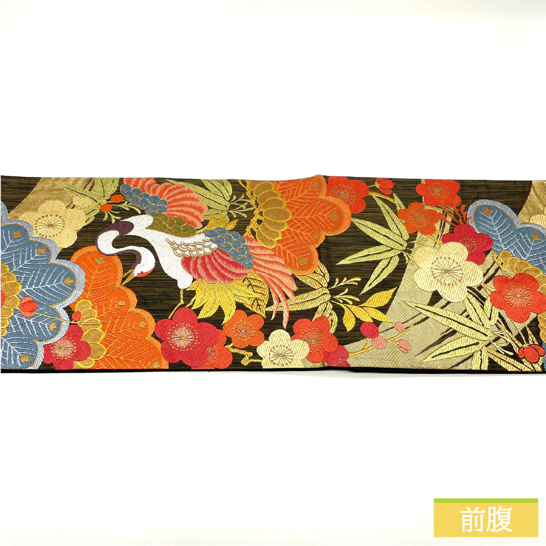 Formal black obi, pure silk, S-rank, featuring a design of sage pine, bamboo, and plum blossoms, Nishijin-ori (Karaori) weave, 430cm long, six-pass pattern, 1123016852310