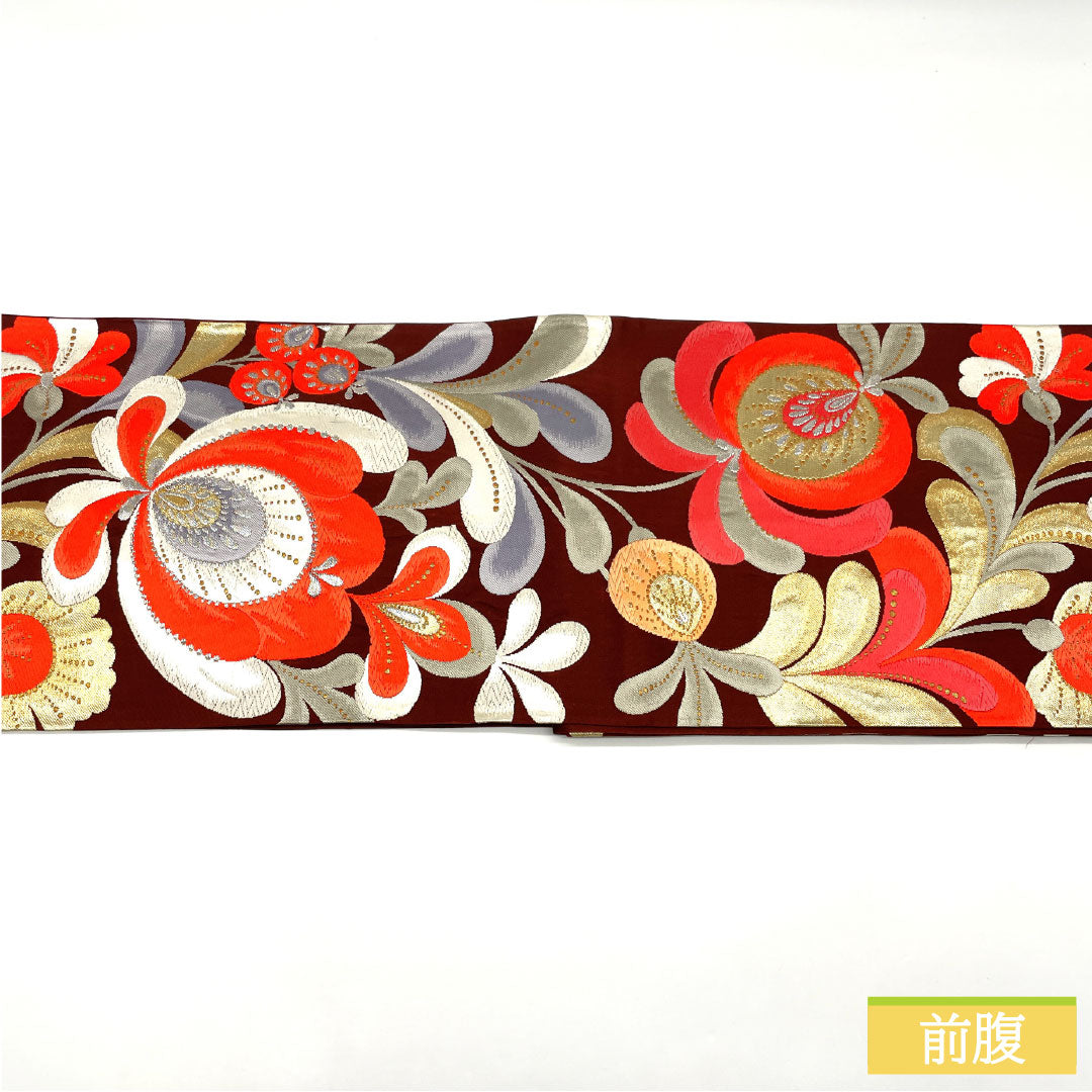 袋帯 正絹 Aランク 褐色色(かっしょくいろ) 西陣織 抽象花 帯丈428cm 六通 セミフォーマル 茶系 1123016163314