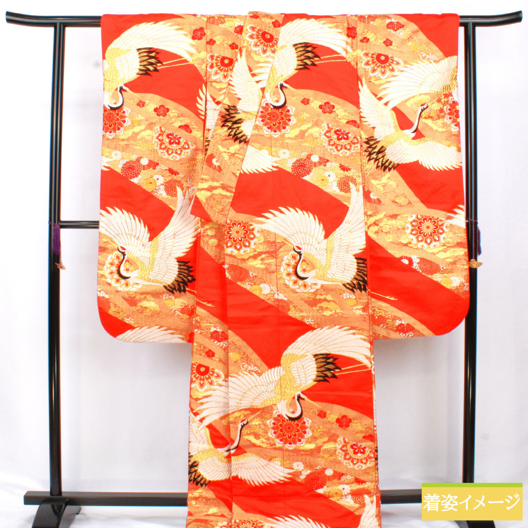 色打掛 正絹 Aランク 身丈191cm 裄丈64cm 唐織 鶴 華文 袷 朱系 1110000993916
