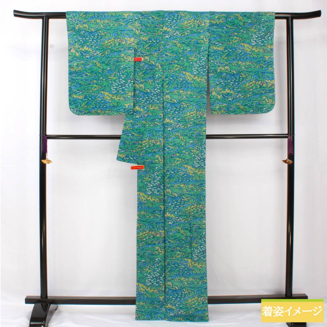 小紋 正絹 身丈164.5cm 裄丈68cm 袷 露草色(つゆくさいろ) 型染 風景絵画調 しあわせガード Sランク 青系 1115005422417