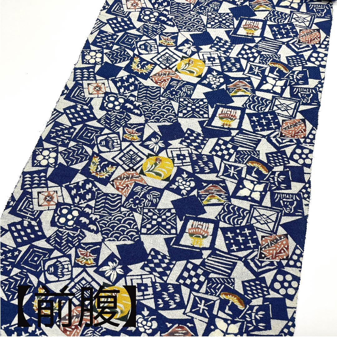 (未仕立)名古屋帯 紺桔梗色 浜ちりめん 幾何学模様 花柄 帯丈370cm 正絹 NEWランク 全通 カジュアル 紺系 1124004691318