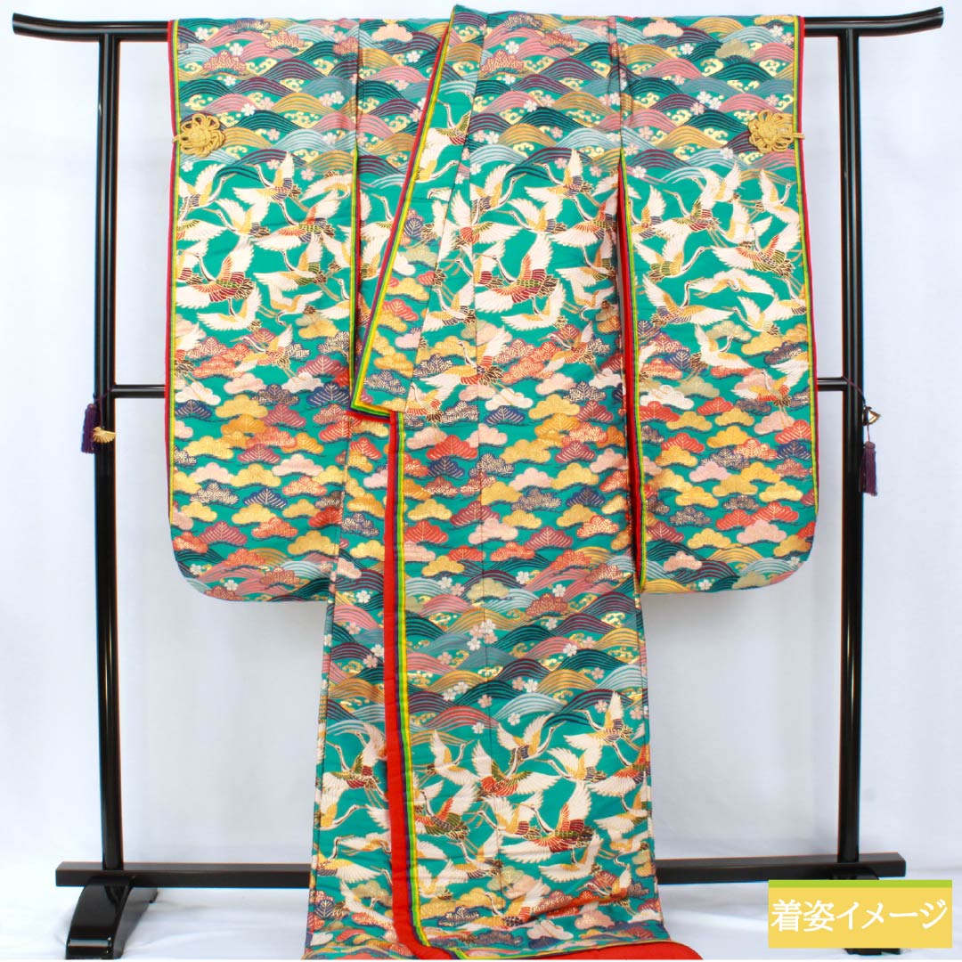 色打掛 正絹 Sランク 身丈194cm 裄丈64.5cm 浅葱色(あさぎいろ) 松 波 鶴 袷 青系 1110001082917