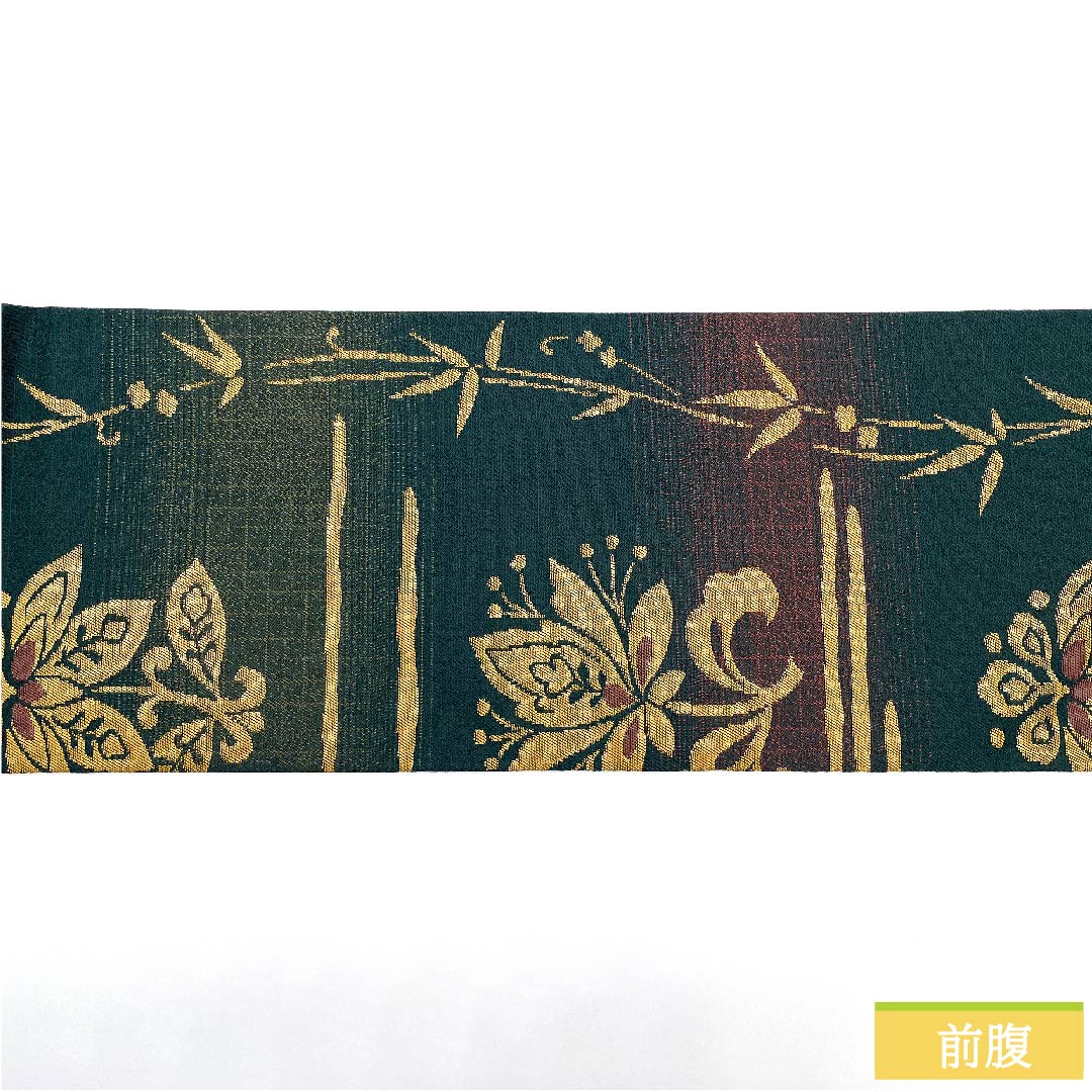 名古屋帯 深緑色 唐花 横段 帯丈365.5cm 正絹 Sランク 六通 カジュアル 緑系 1124005922319 名古屋仕立て