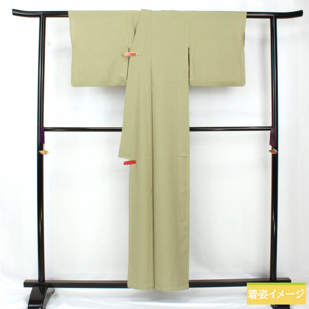 夏物 正絹 色無地 身丈156.5cm 裄丈62cm 黄鼠色(きねずいろ) 一つ紋 蔓柏 絽 Sランク 緑系 1132002062319