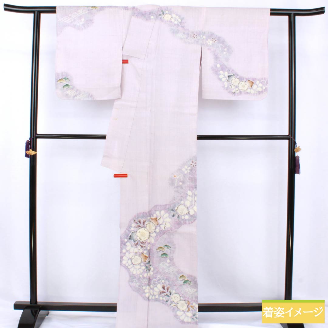 訪問着 正絹 Bランク 単衣 身丈165.5cm 裄丈64.5cm 白藤色(しらふじいろ) 紬地 絞り 作家物 辻ヶ花 紫系 1112007554520