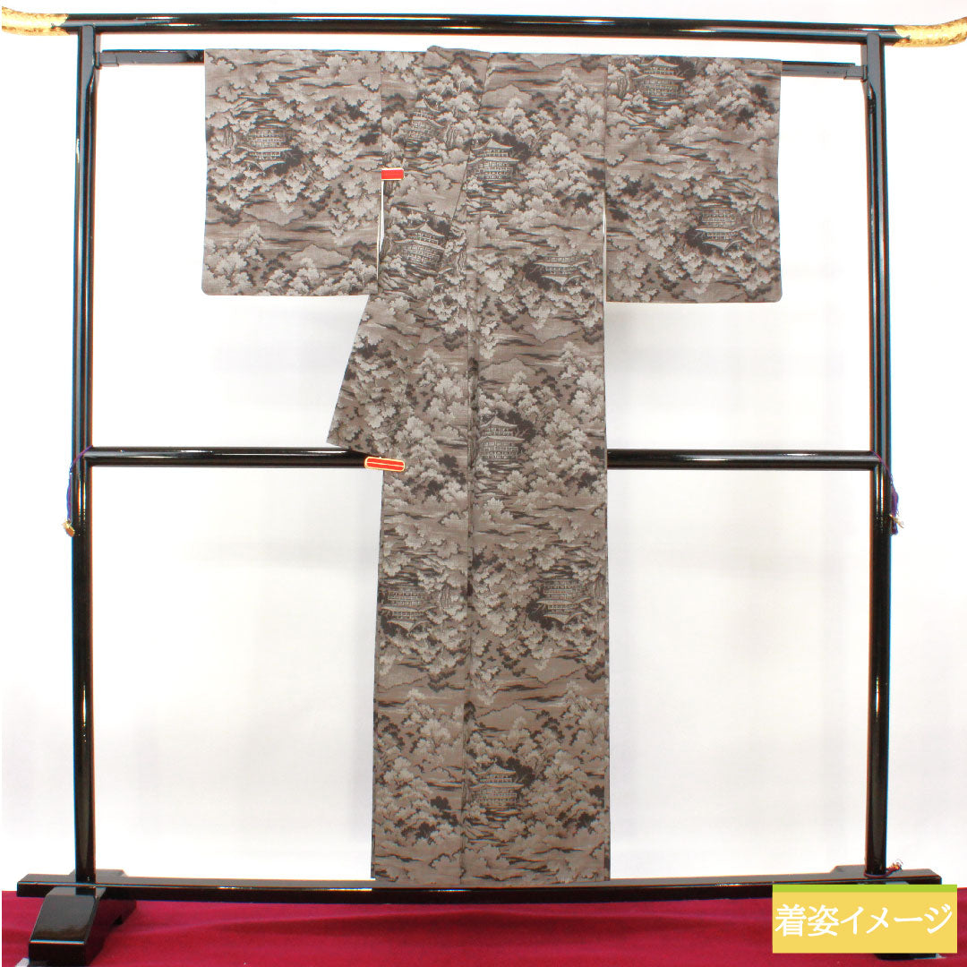 紬 正絹 身丈152cm 裄丈65cm 村山大島 風景模様 Sランク 袷 黒系 1116003382210