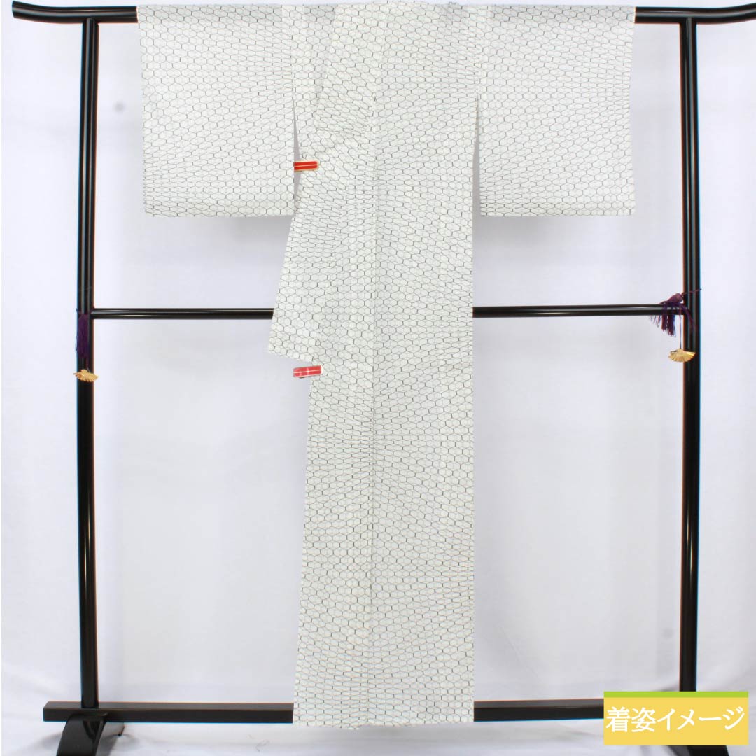 夏物 ポリエステル 小紋 身丈156cm 裄丈64cm 亀甲 洗える着物 絽 Sランク 白系 1132002612311