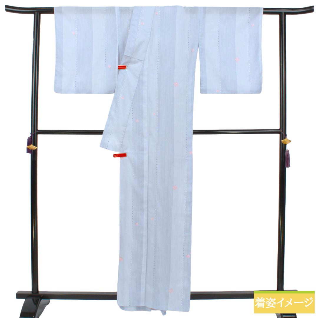 夏物 ポリエステル 小紋 Sランク 身丈161cm 裄丈67cm 蒼白色(そうはくしょく) 抽象模様 洗える着物 絽 グレー系 1132005192422