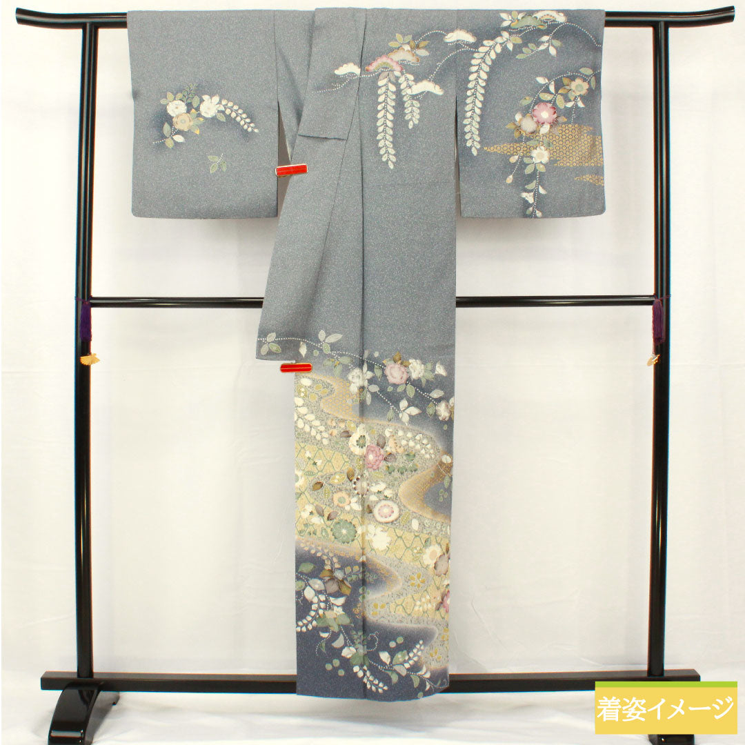 訪問着 正絹 袷 身丈155cm 裄丈63.5cm 青袋鼠色(せいたいねずいろ) 辻ヶ花 タタキ染 一つ紋 花紋 Sランク グレー系 1112005142322