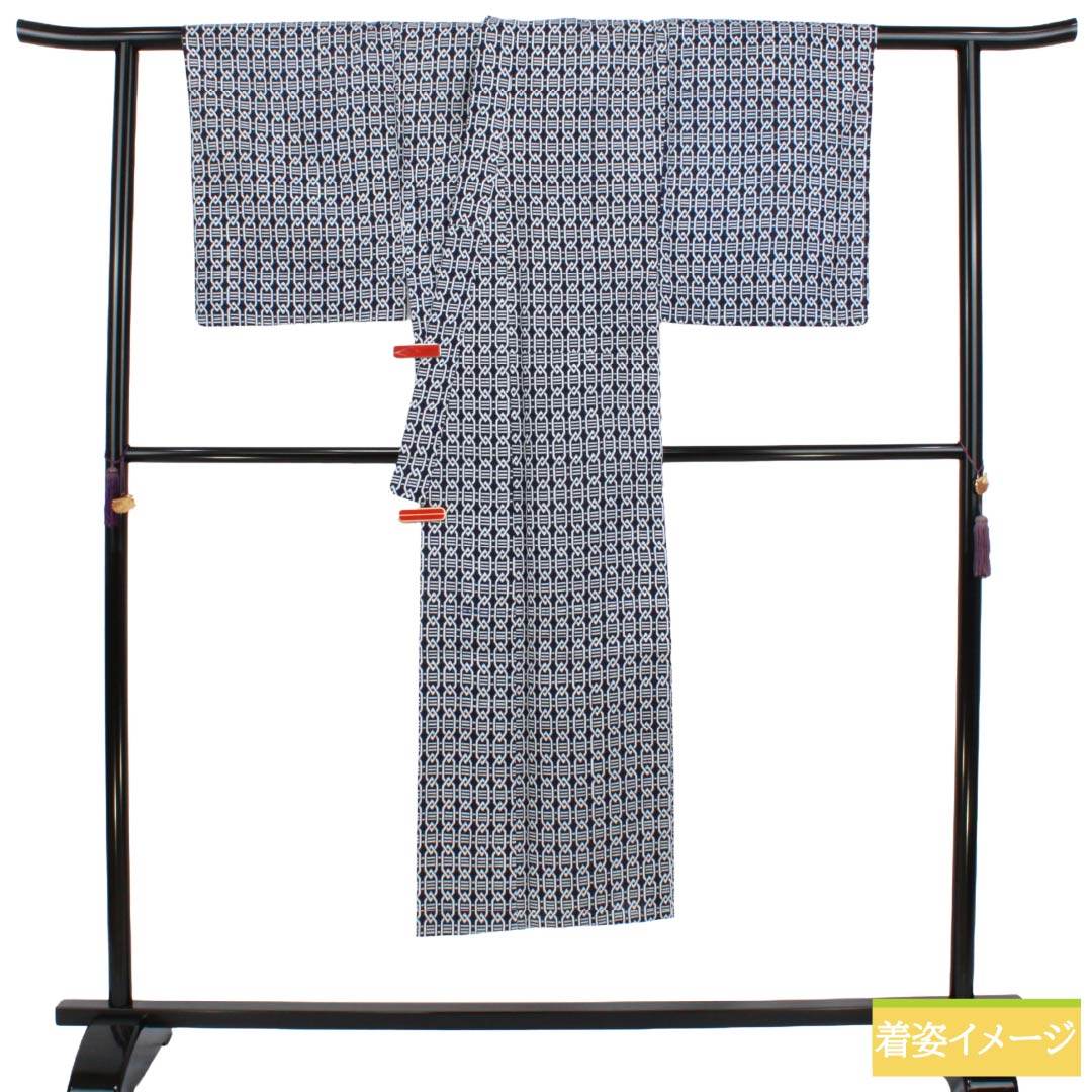 メンズ浴衣 木綿 Aランク 身丈140.5cm 裄丈66cm 濃紺色(のうこんいろ) 幾何学模様 単衣 紺系 1138000573418