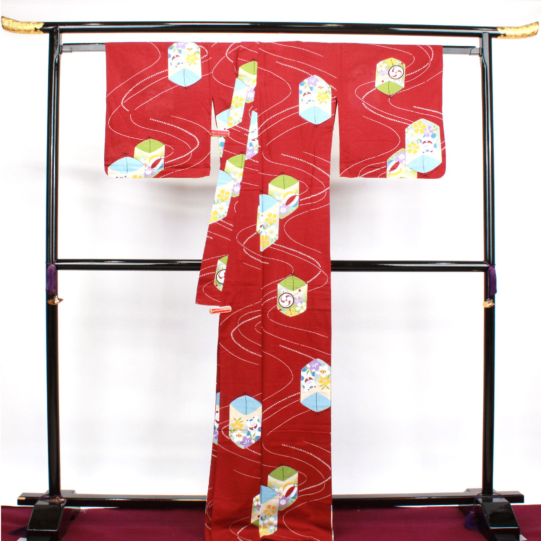 浴衣 深紅色 灯篭流し 桜 猫 木綿 Sランク 単衣 身丈167.5cm 裄丈70cm 赤系 1118001922512