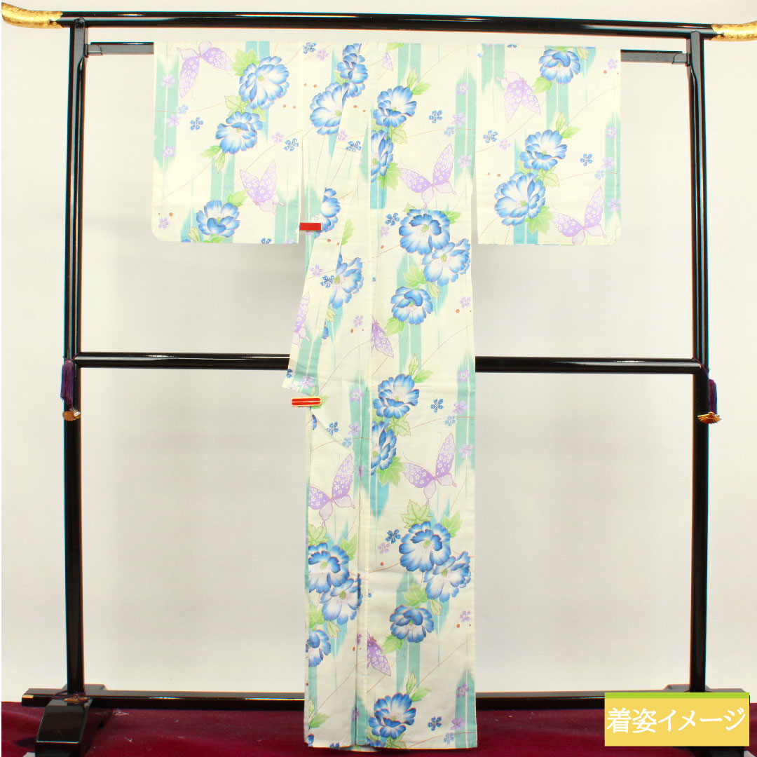 Yukata Cotton Length 165cm Sleeve length 66cm S rank Single layer White Butterfly Peony Pink 1118004692511
