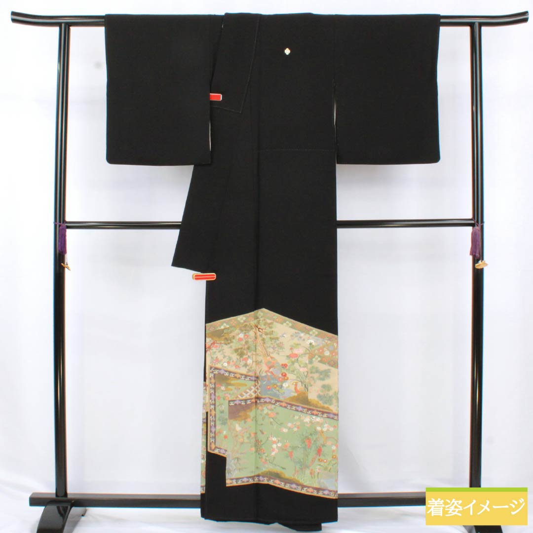 黒留袖 正絹 Sランク 身丈158cm 裄丈65.5cm 袷 蘇州刺繍 五つ紋 木瓜 吉祥文様 雉 松 梅 五つ紋 黒系 1111001782310