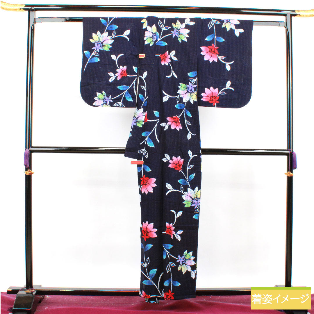 Yukata Cotton Length 158cm Sleeve length 61.5cm S rank Single layer Navy Deep navy Abstract flower 1118004862318