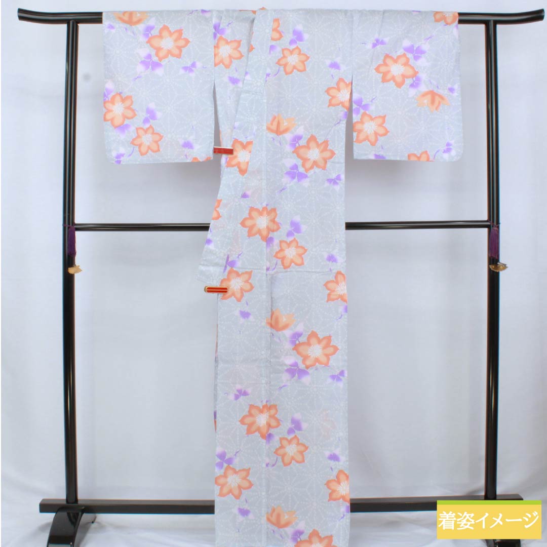 浴衣 木綿 身丈164.5cm 裄丈67.5cm Sランク 単衣 グレー系 白銅色(はくどういろ) 麻の葉 花 1118006522422