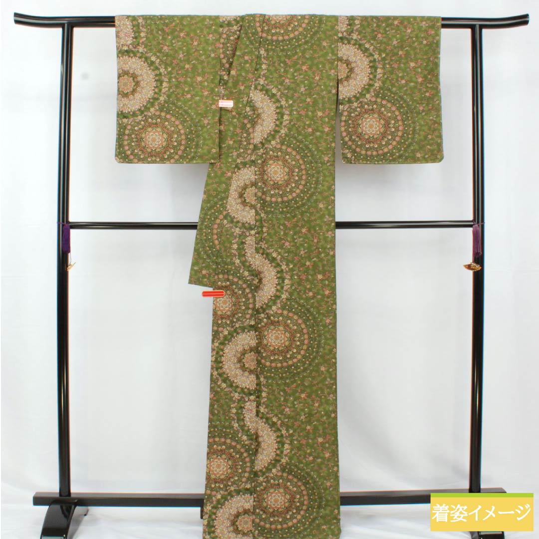 Small pattern, polyester, length 170cm, sleeve length 65cm, lined, blue and red, washable kimono, Persian pattern, open torso, with basting thread, S rank, green, 1115005252619