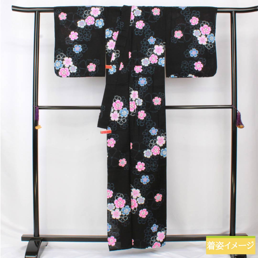 Cotton Yukata, Length 160cm, Sleeve Length 66cm, S Rank, Single Layer, Black, Pink, 1118006142410