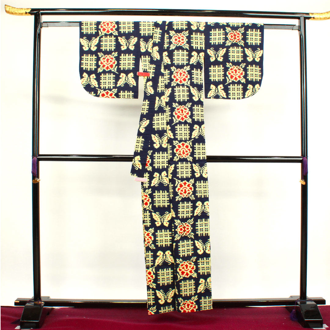 浴衣 濃紺色 蝶 格子 木綿 Sランク 単衣 身丈160cm 裄丈64.5cm 紺系 1118002552418