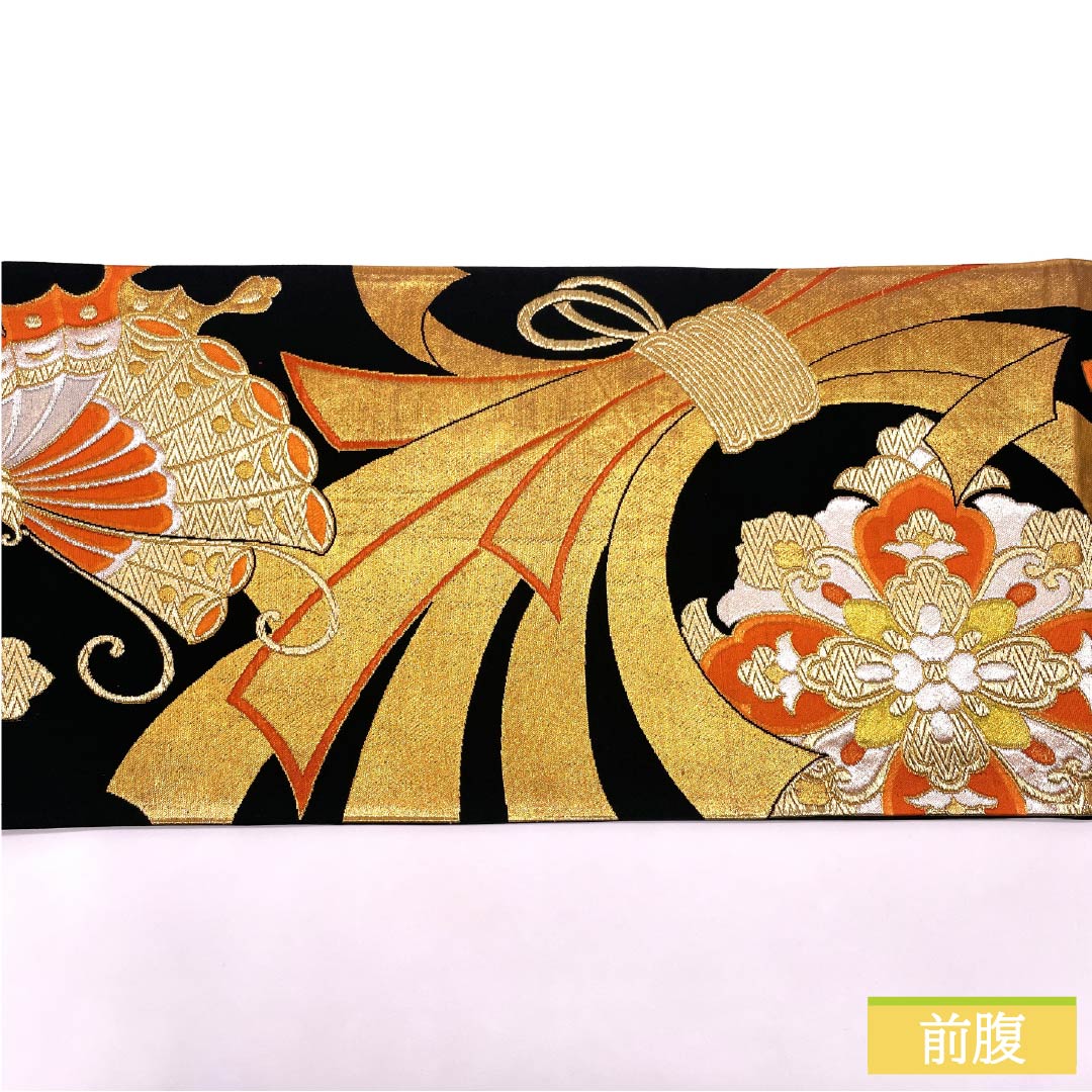 袋帯 正絹 振袖用 束ね熨斗 宝相華 蝶 帯丈414cm Sランク 六通 フォーマル 黒系 1123014552310