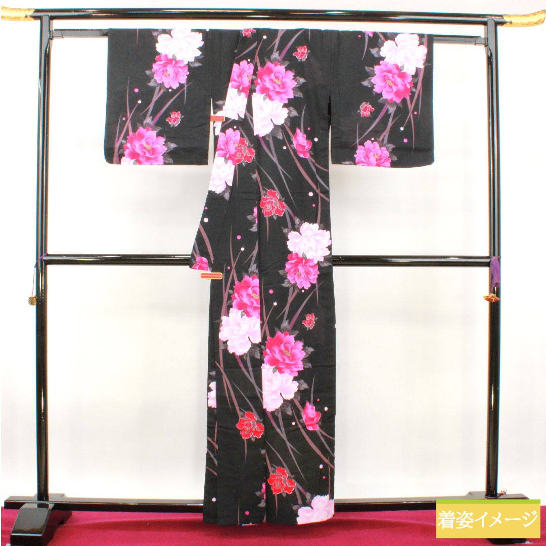 浴衣 木綿 身丈159.5cm 裄丈67cm Sランク 単衣 黒系 牡丹 1118005212310