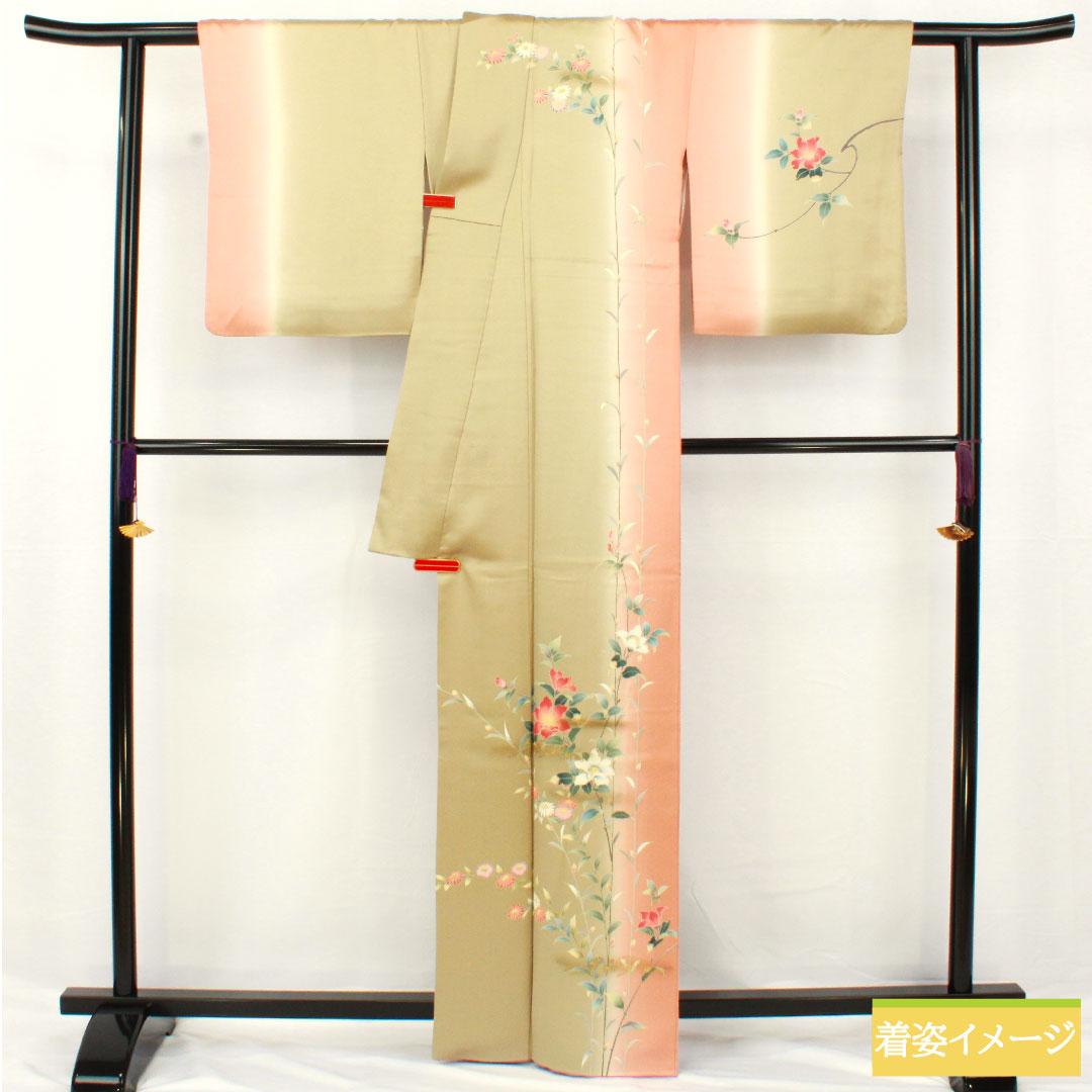 訪問着 正絹 袷 身丈163cm 裄丈68cm 亜麻色(あまいろ) 京友禅 草花模様 Aランク 緑系 1112005963419