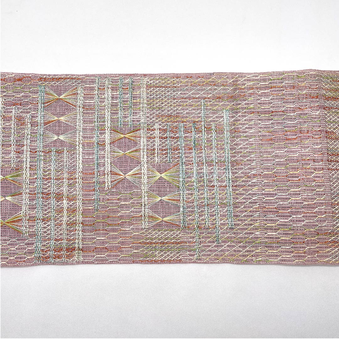 名古屋帯 御所染色 夏帯 紗 抽象模様 帯丈354.5cm 正絹 Sランク 全通 カジュアル ピンク系 1124004282313 松葉仕立て