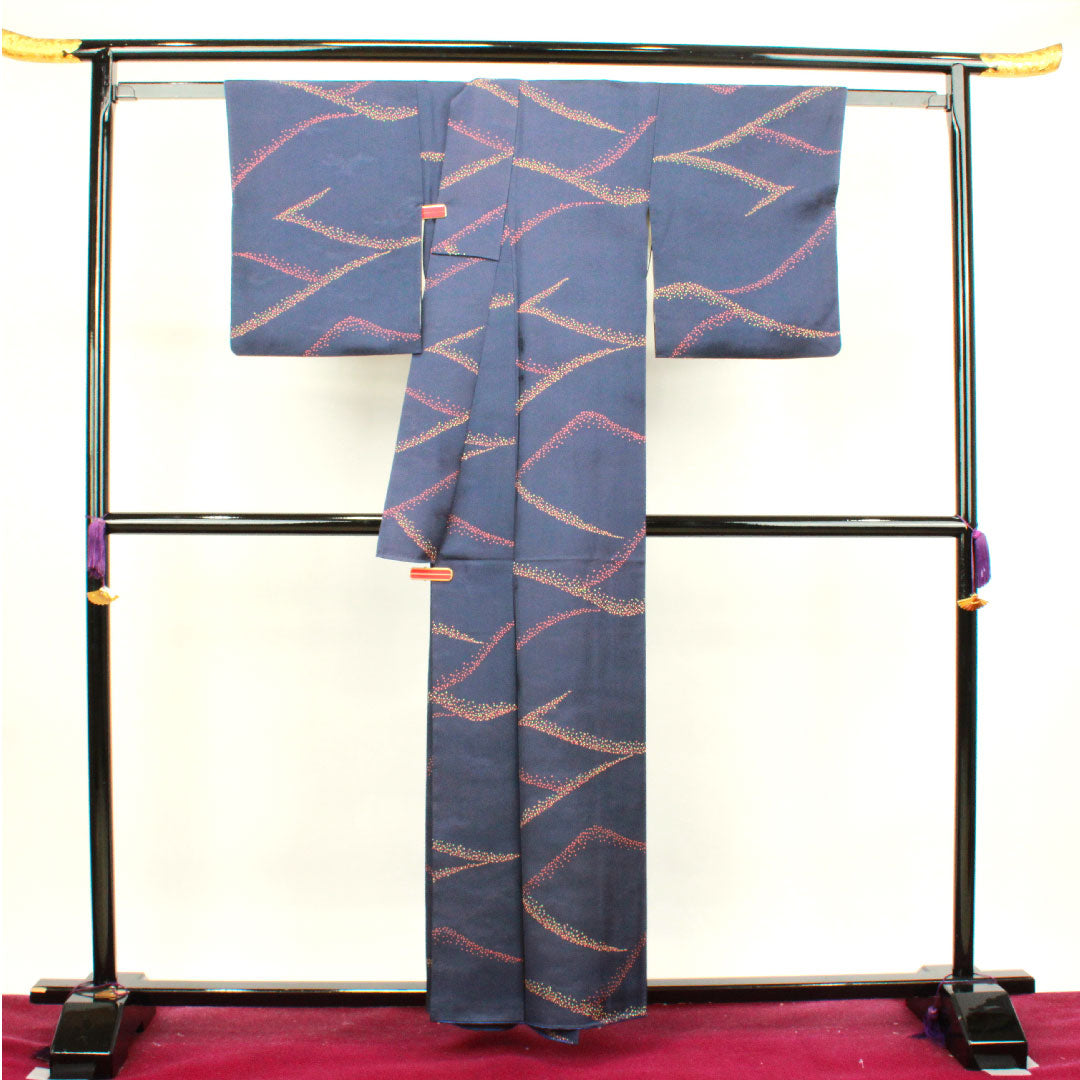 小紋 身丈158cm 裄丈63.5cm 袷 青褐色 抽象模様 正絹 Aランク 紺系 1115003493318
