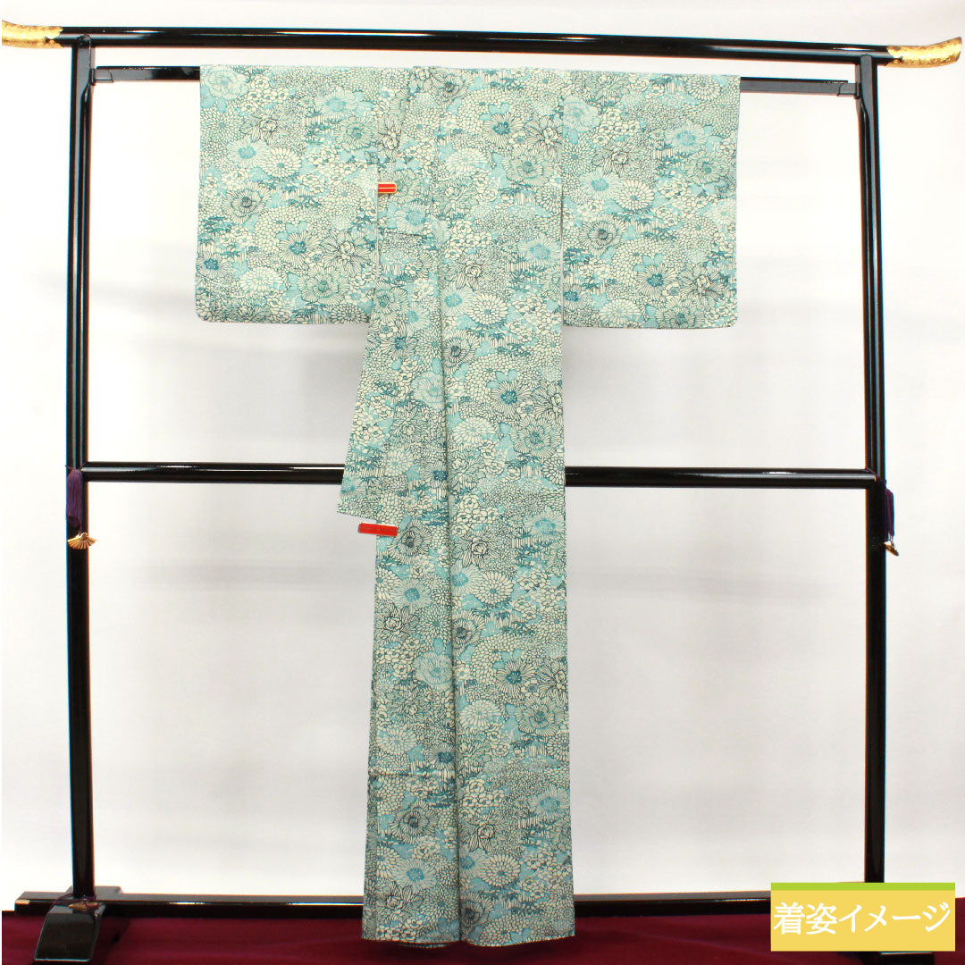 小紋 ポリエステル 身丈160.5cm 裄丈63.5cm 袷 卯の花色 型染 菊 竹 洗える着物 Sランク 白系 1115003752411