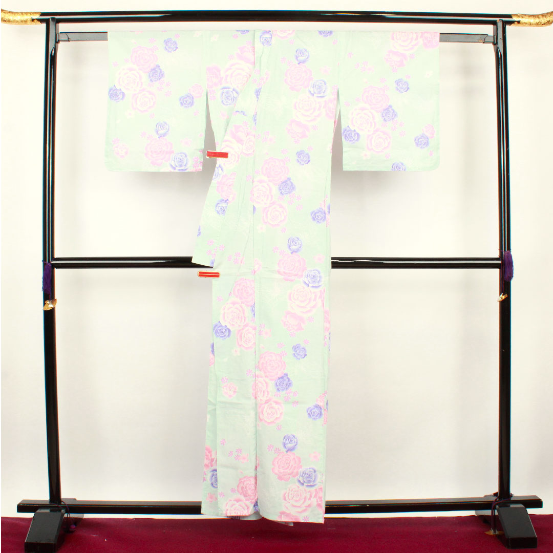 浴衣 藍白色 薔薇 桜 蝶 木綿 Aランク 単衣 身丈158.5cm 裄丈63.5cm 青系 1118001113317
