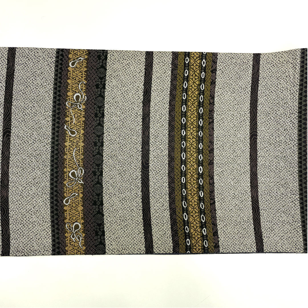 袋帯 両面全通 横段 抽象模様 リバーシブル 帯丈452cm 正絹 Sランク 全通 カジュアル グレー系 1123004592422