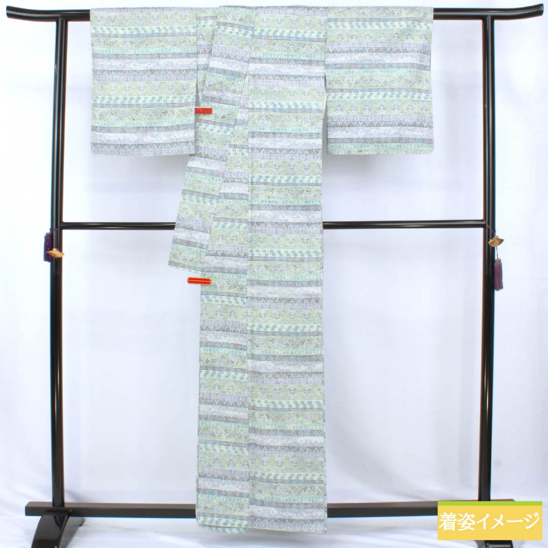 紬 正絹 Aランク 身丈160.5cm 裄丈62.5cm 更紗模様 横段 袷 グラデーション系 1116005103499