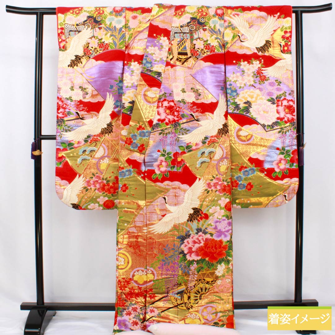 色打掛 正絹 Sランク 身丈191cm 裄丈64cm 赤色(あかいろ) 唐織 吉祥文様 鶴 花車 袷 赤系 1110001062912