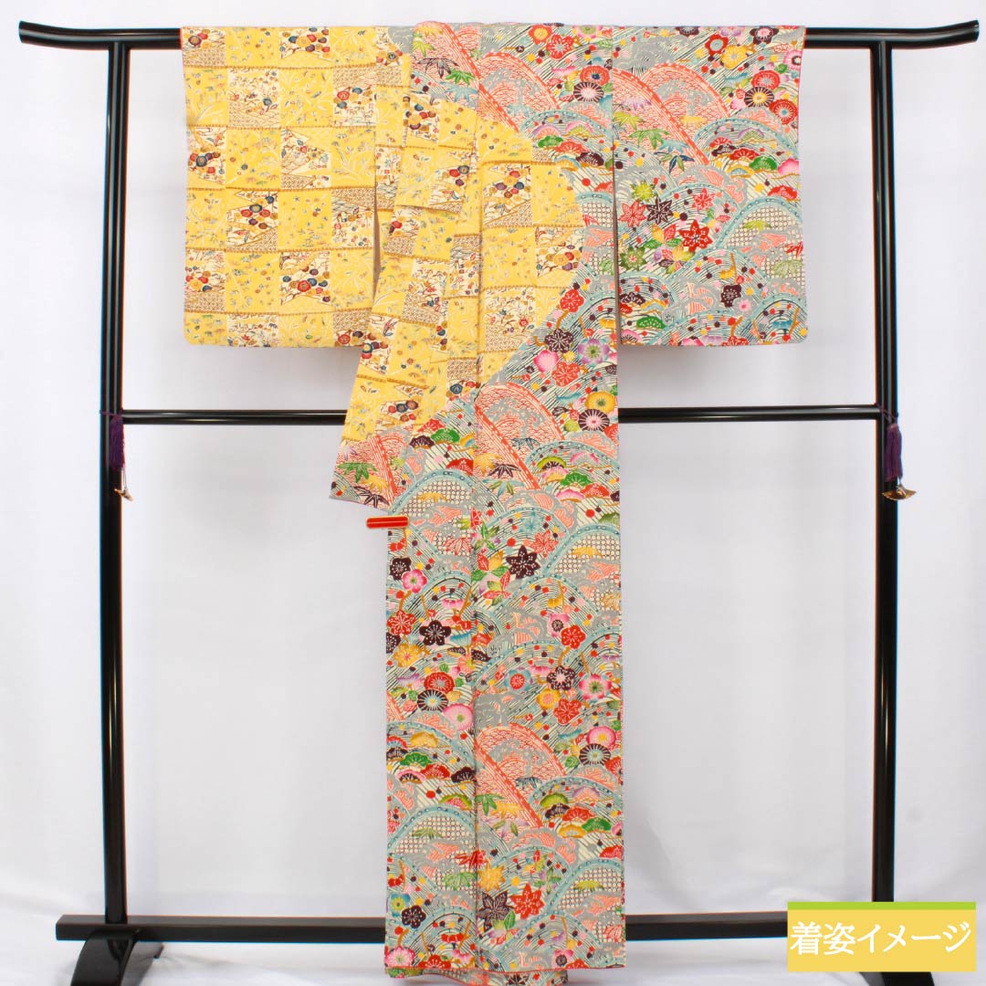 訪問着 正絹 Sランク 袷 身丈160cm 裄丈63cm 濃卵色(こいたまごいろ) 型染 吉祥文様 グラデーション系 1112006162499