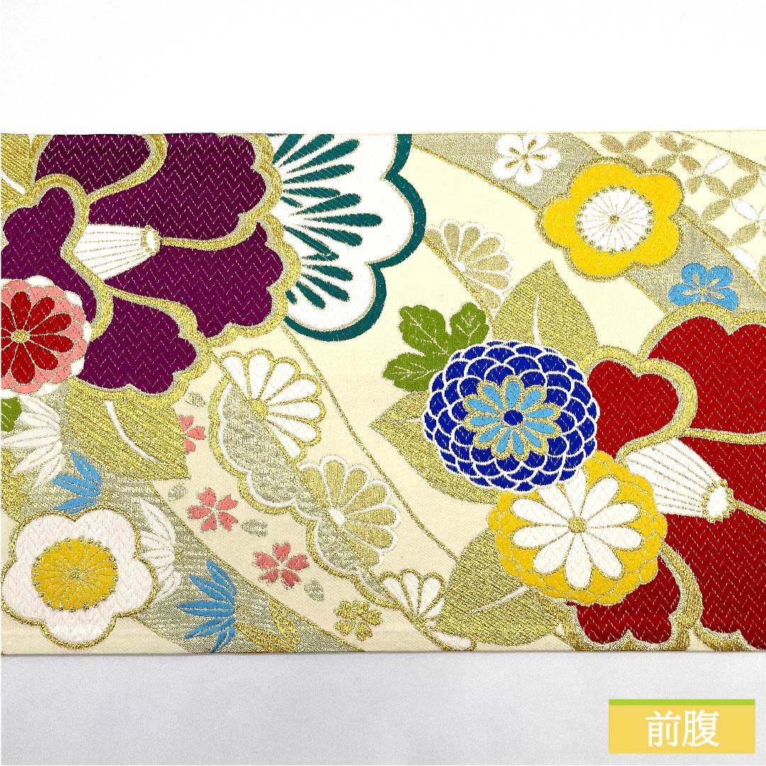 袋帯 正絹 乳白色色(にゅうはくしょくいろ) 松竹梅 椿 桜 七宝 帯丈436cm Sランク 六通 フォーマル クリーム系 1123011662315