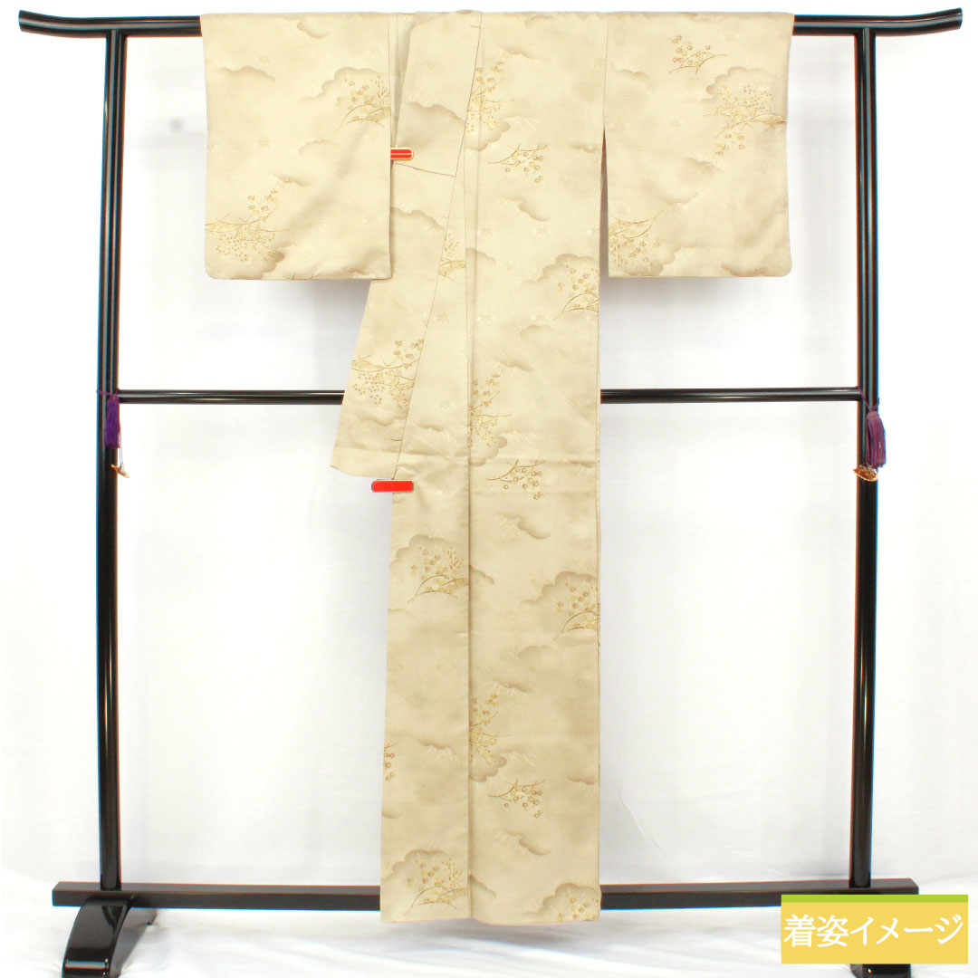 小紋 ポリエステル 身丈158cm 裄丈64cm 袷 蠟色(ろういろ) 洗える着物 草花模様 Sランク 緑系 1115004772319