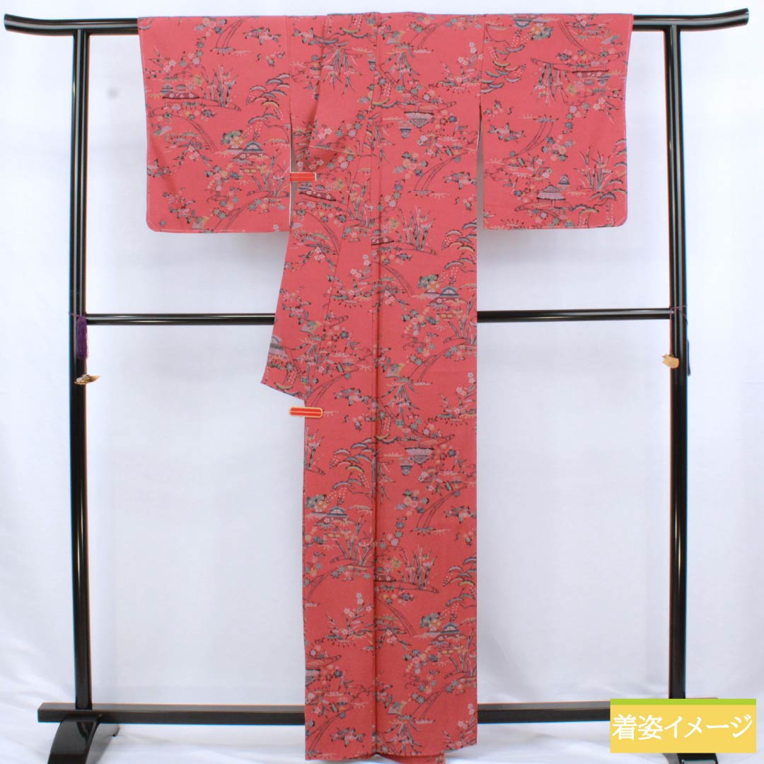 小紋 正絹 Aランク 身丈162cm 裄丈64cm 袷 祭紅色(さいこういろ) 茶屋辻 松竹梅 型染 赤系 1115006883412