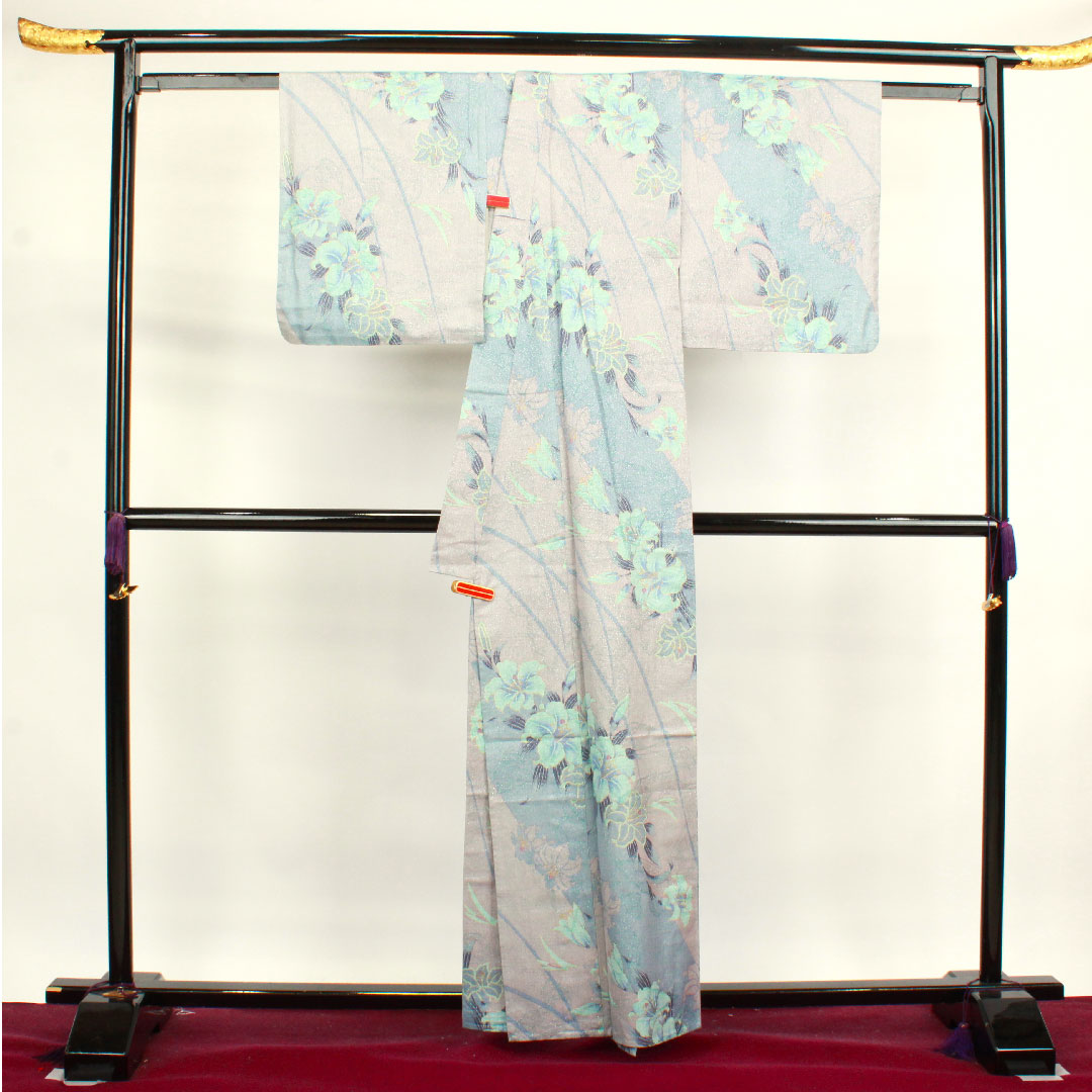 浴衣 鈍紫色 カサブランカ 銀通し 木綿 Sランク 単衣 身丈162cm 裄丈65.5cm グレー系 1118003822422