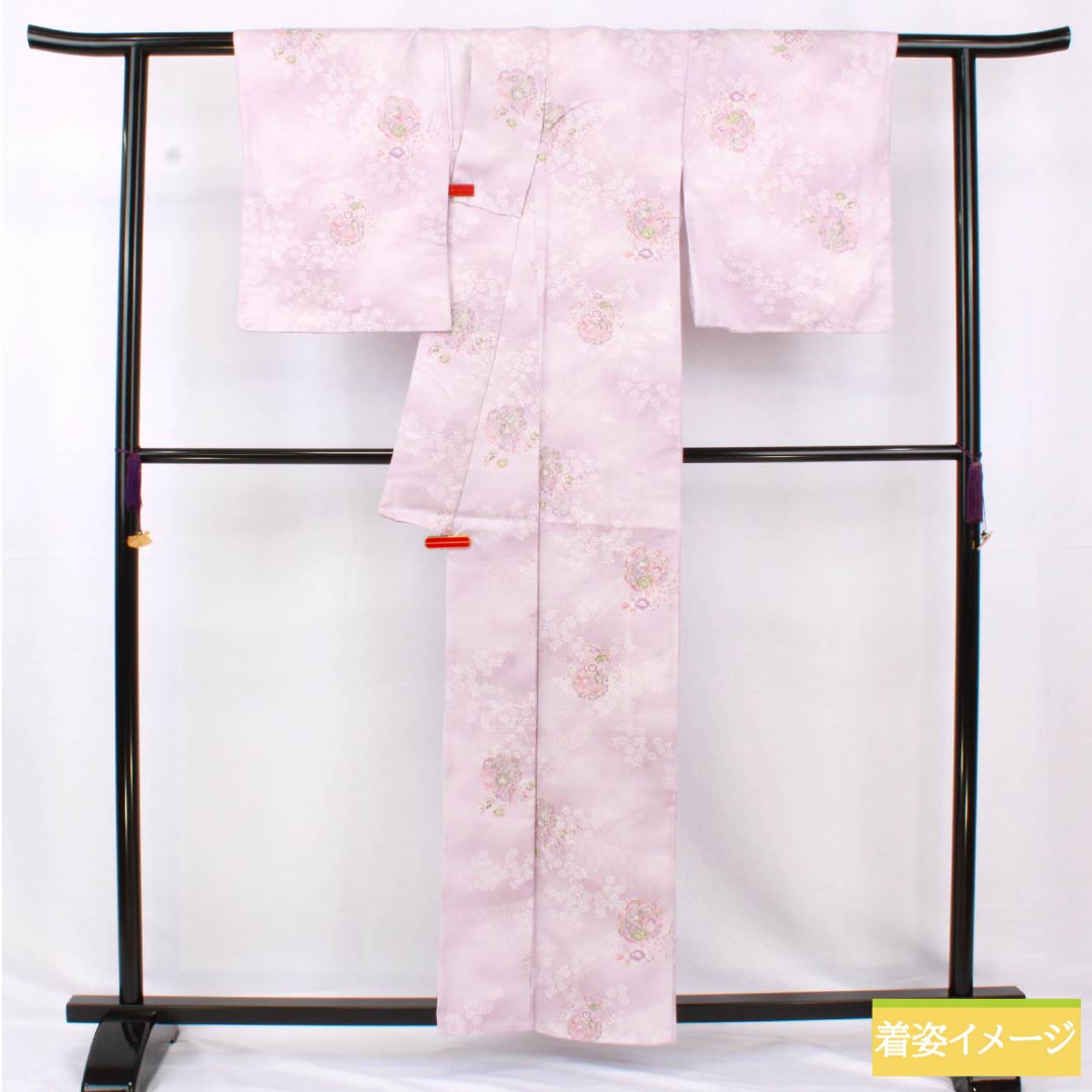 小紋 ポリエステル 身丈158.5cm 裄丈64cm 袷 白藤色(しらふじいろ) 洗える着物 小花 鏡 しつけ糸付き Aランク 紫系 1115005173320