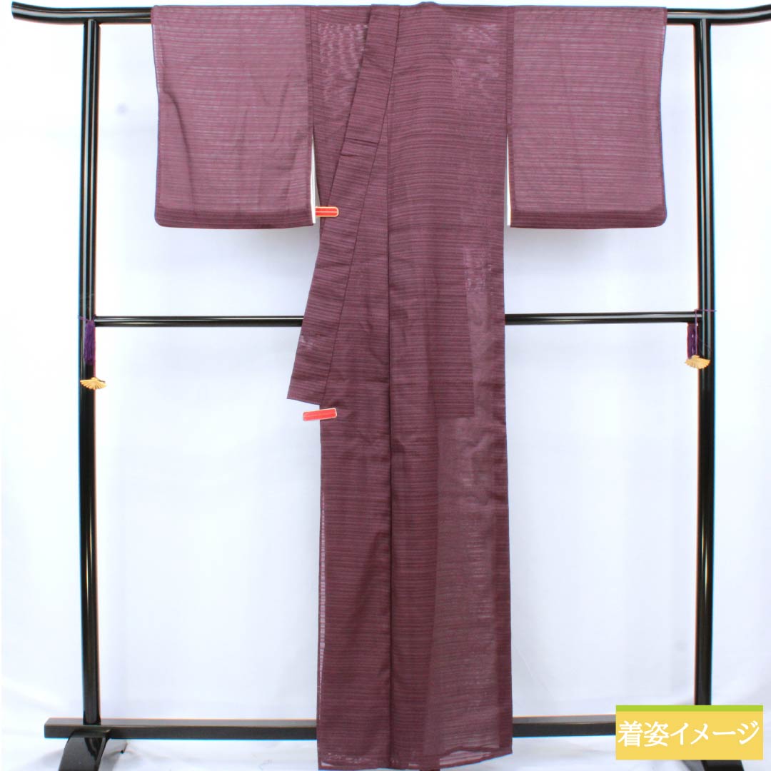 夏物 ポリエステル 色無地 身丈160.5cm 裄丈67cm 二人静色(ふたりしずかいろ) 洗える着物 居敷当て うそつき襦袢 絽 Sランク 紫系 1132002532420