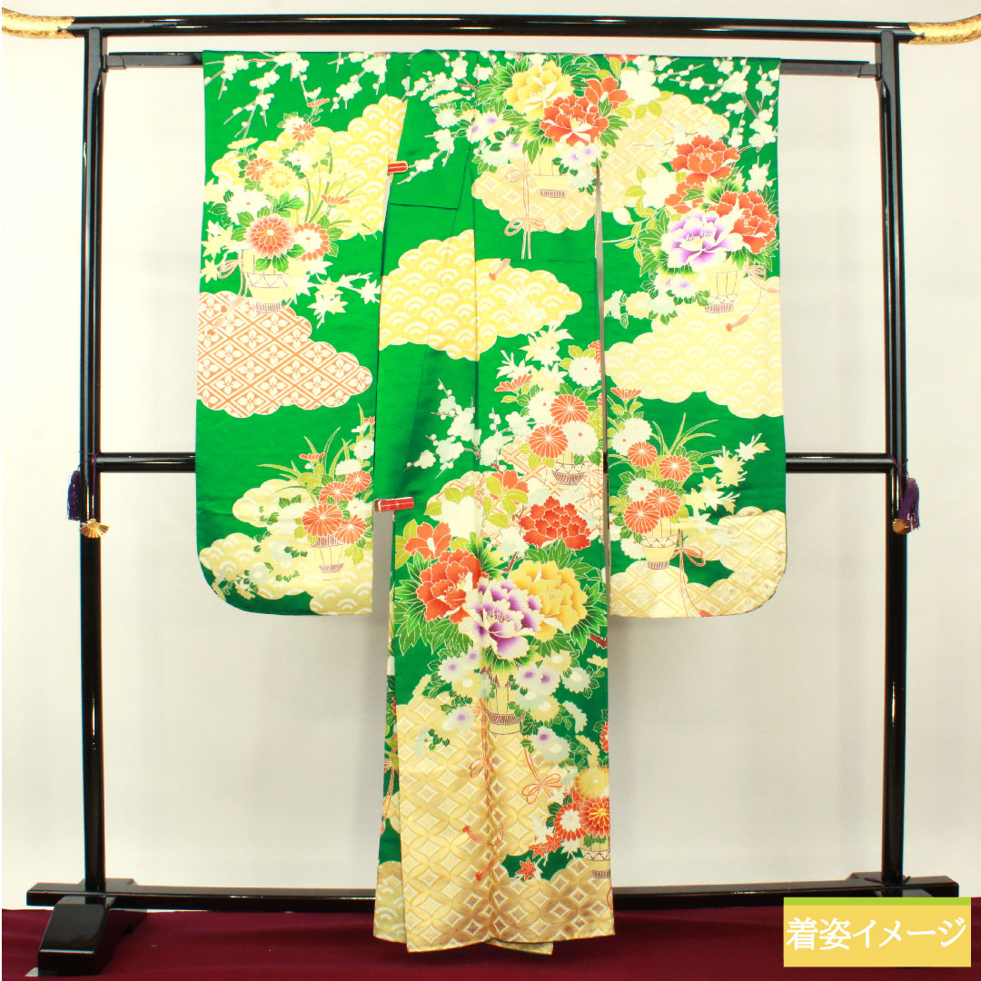 振袖 正絹 身丈161.5cm 裄丈65cm 袷 濡葉色 京友禅 吉祥文様 Aランク 緑系 1113001973419