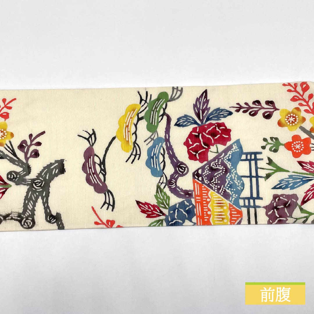 名古屋帯 中紅花色(なかのくれないいろ) 京紅型 紬地 紅型調模様 帯丈359cm 正絹 Aランク 六通 カジュアル クリーム系 1124007333315 名古屋仕立て