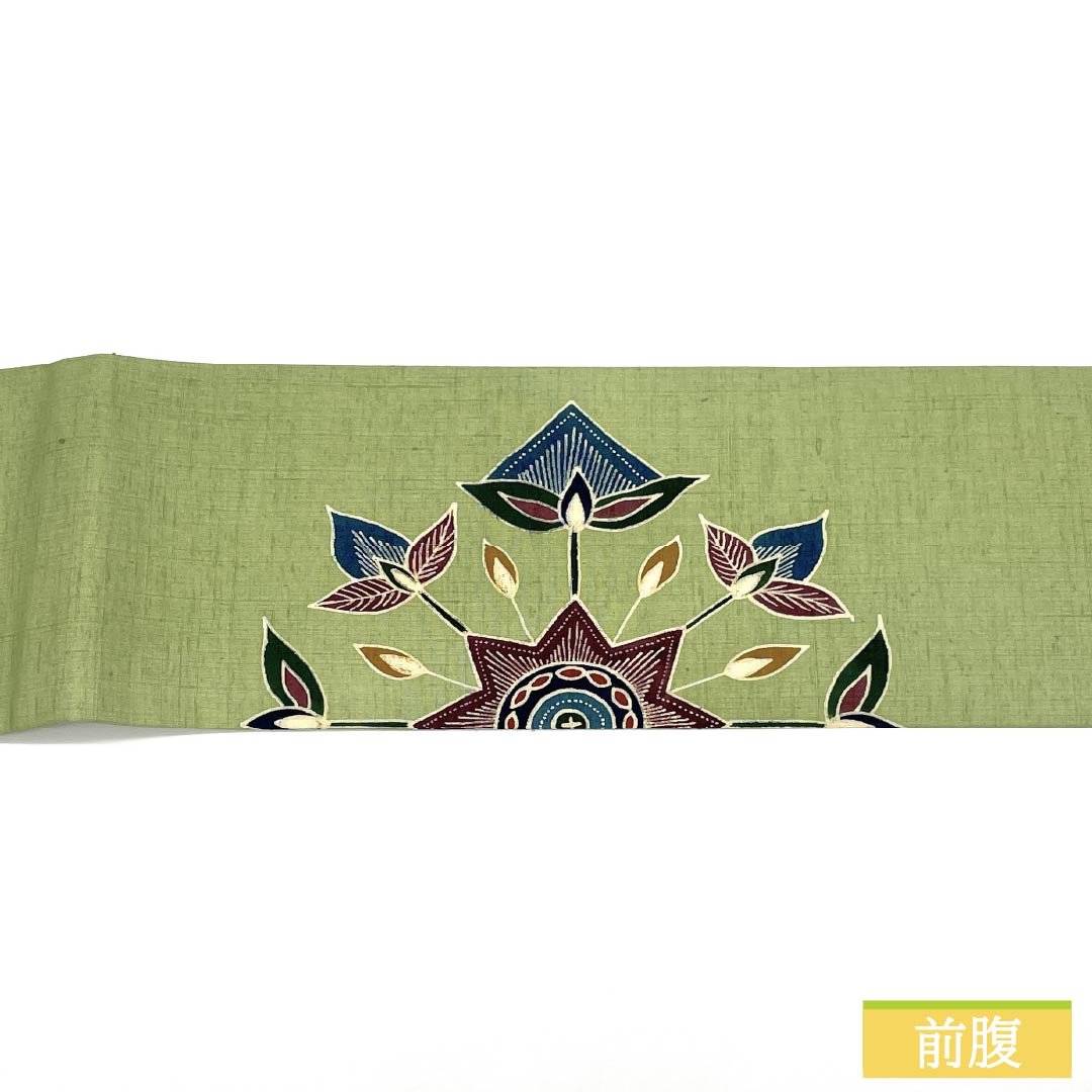 名古屋帯 正絹 Sランク 浅藍色(あさきあいいろ) 型染 抽象花 唐草 帯丈364cm ポイント柄 カジュアル 緑系 1124010422319 名古屋仕立て