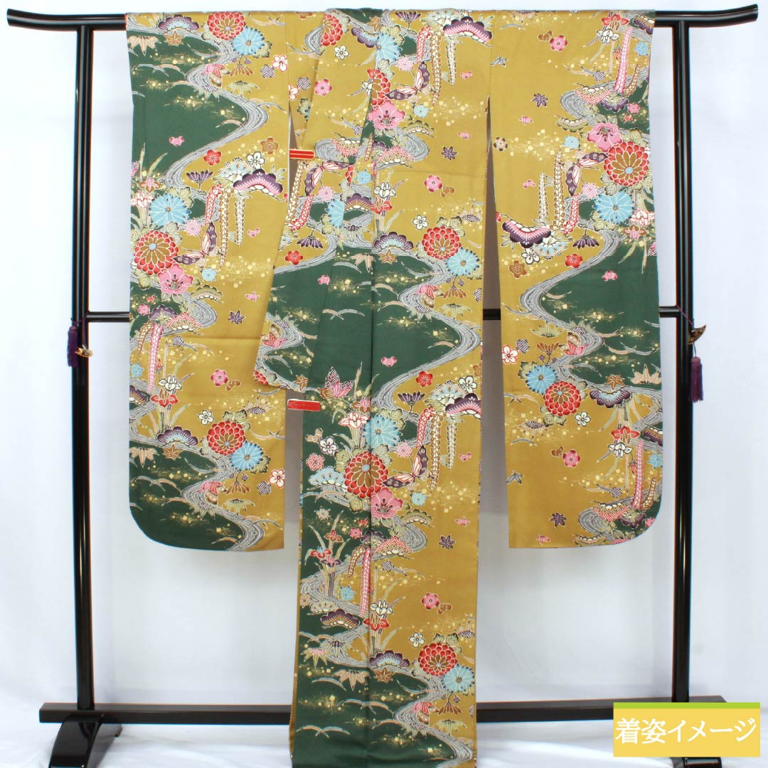 振袖 正絹 Aランク 身丈168cm 裄丈68cm 袷 菜種油色(なたねあぶらいろ) 京友禅 紗綾形 慶長柄 綸子生地 黄系 1113002523523