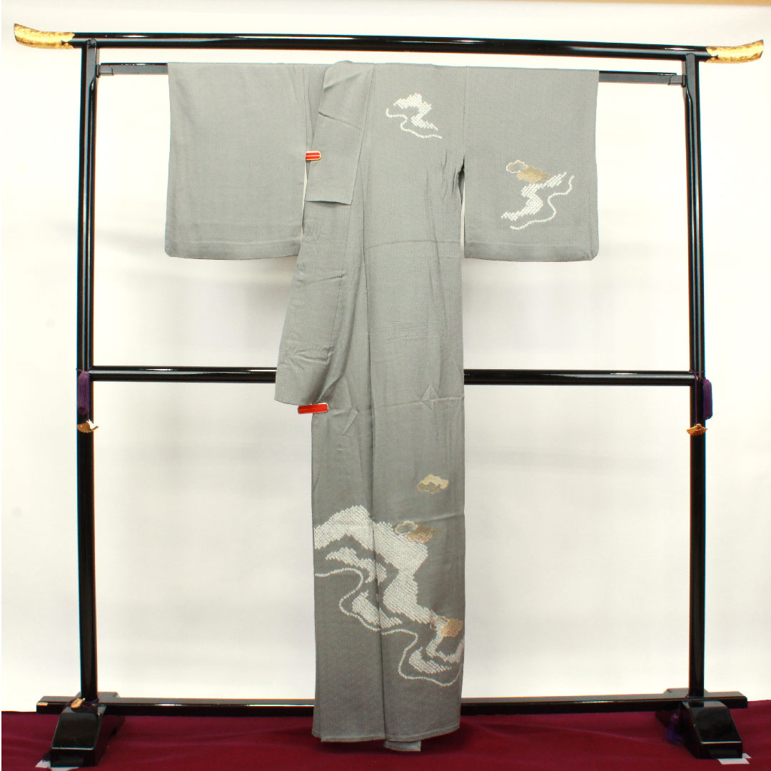 訪問着 正絹 単衣 身丈160cm 裄丈66cm 錫色 汕頭刺繡 絞り Sランク グレー系 1112003302422