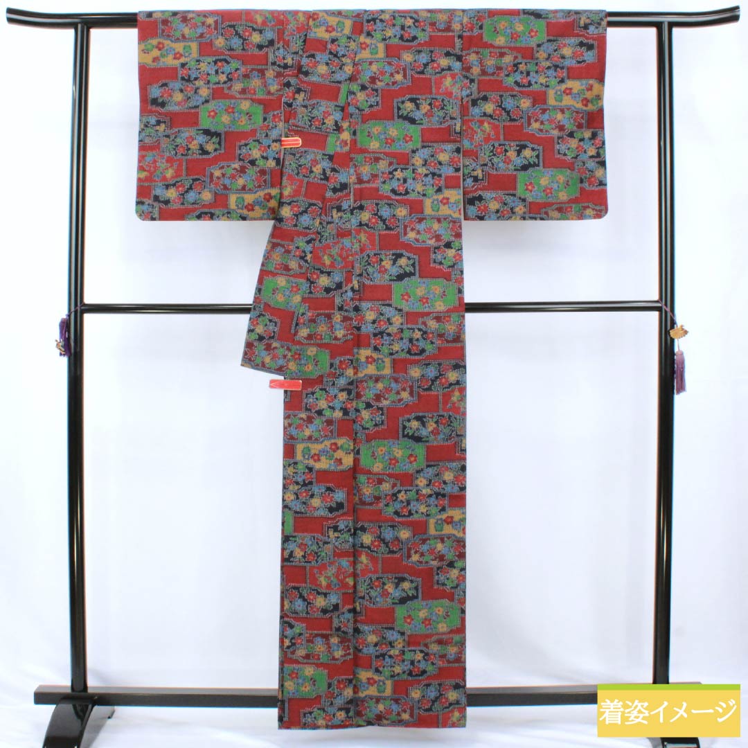 紬 正絹 Aランク 身丈161cm 裄丈63cm 幾何学模様 袷 グラデーション系 1116005133499