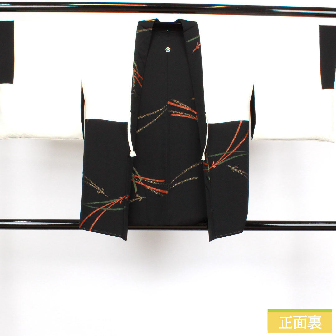 羽織 正絹 身丈78cm 裄丈63.5cm 黒羽織 松葉 一つ紋 桔梗に三つ鱗 Sランク 袷 黒系 1117000822910