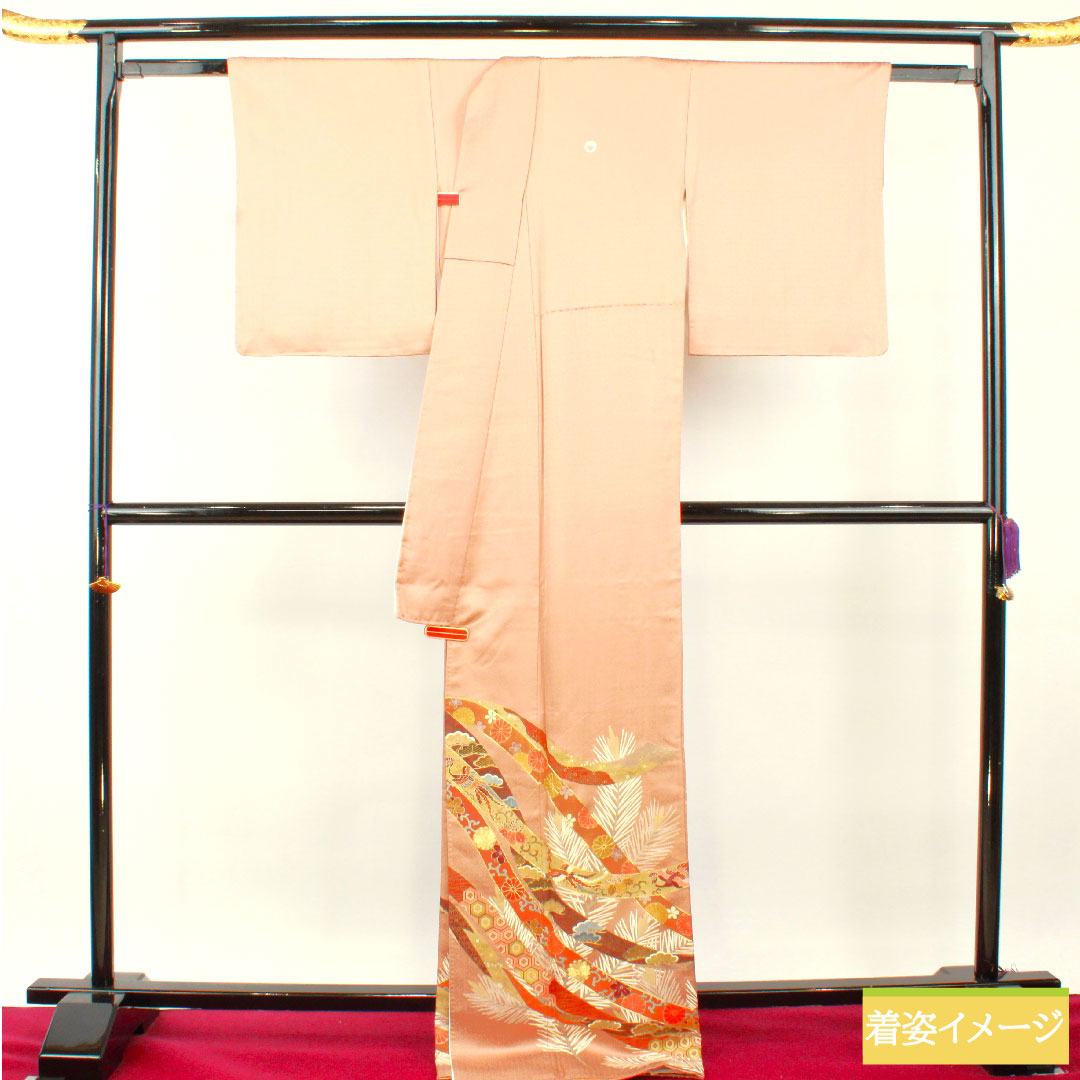 Colored Tomesode, pure silk, length 174cm, sleeve length 67cm, lined, Tokiasagi color, Kyoto Yuzen, hidden plaid, auspicious motif, five crests, downward wisteria, S rank, brown, 1111001412614